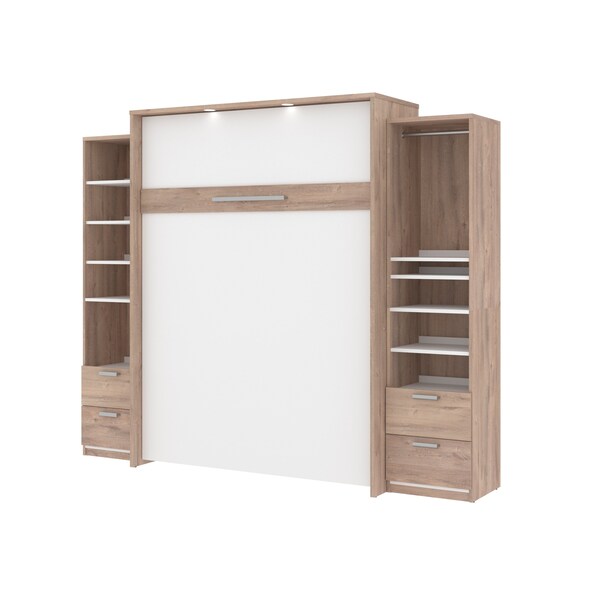 Cielo 105W Queen Murphy Bed and 2 Narrow Shelving Units with Drawers (104W), Rustic Brown & White